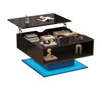 Table Basse Relevable Noire avec LED Bluetooth - Table de Salon Moderne avec Coffre de Rangement Caché - Plateau Facile à Nettoyer