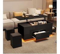 Table basse relevable O.Ye avec éclairage LED, table basse brillante avec 2 tiroirs et 2 tabourets, table d'appoint ave TABLE BASSE
