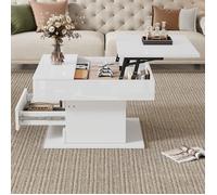 Table basse relevable rotative 360° avec rangement caché et 1 tiroir - TCQPZ - Blanc brillant - 70 × 70 × 45 cm