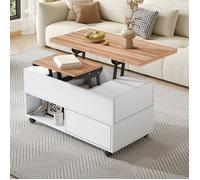 Table Basse Relevable, Table d'appoint avec Fonction Pliante, 4 Tiroirs et 4 Roulettes - 100x50x52cm - Moderne et Mobile pour Salon