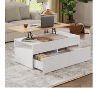 Table Basse Relevable - TANANT - Rectangulaire - Blanc et Bois - 2 Tiroirs - 100x50x40 cm