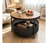 Table Basse Ronde 2 Niveaux Table Appoint Walnut Wood Grain Top & Mesh | Table basse ronde 2 niveaux plateau finition noyer panier maille et roues pivotantes 360 avec frein.