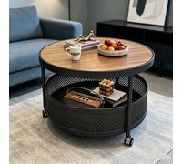 Table Basse Ronde 2 Niveaux Table Appoint Walnut Wood Grain Top & Mesh | Table basse ronde 2 niveaux plateau finition noyer panier maille et roues pivotantes 360 avec frein.