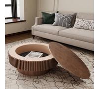 Table basse ronde 75 cm avec espace de rangement Noyer - Table de salon moderne pour salon en placage de bois massif, compartiment caché, stable et durable - Table d'appoint moderne pour chambre à