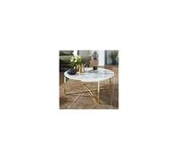 Table basse ronde 80x80x36 cm aspect marbre blanc et acier doré