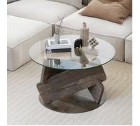 Table Basse Ronde 81 cm COSTWAY, Plateau en Verre Trempé, Pieds en Bois Caoutchouc, Table Basse Salon pour Bureau Chambre, Gris