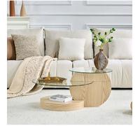Table basse ronde à 2 niveaux en verre sécurit et MDF effet bois clair