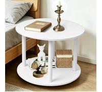 Table basse ronde à 2 niveaux-MENGDA-Table d'appoint avec roulettes-Effet de bois vintage-MDF et métal-Blanc