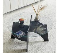 Table basse ronde avec espace de rangement, 80 cm de diamètre, table d'appoint en verre de sécurité et MDF, table de salon stable pour petits espaces, table de canapé pratique pour salon, balcon, noir
