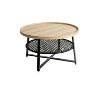 PEGANE Table Basse Ronde avec étagère décor chêne Naturel et métal Noir - Diamètre 75 x Hauteur 45 cm