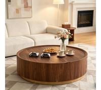 Table Basse Ronde avec Rangement,Table Basse Bois | Table d'Appoint Bois Vintage Et Finition Grain De Bois,Table Centrale Salon,Siècle Avec Tiroir Caché,Pour Petits Espaces