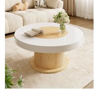 Table Basse Ronde Blanc et Bois 75x39 cm - Pied Central Cannelé Cylindrique, Table d'appoint Compacte Salon Petit Appartement