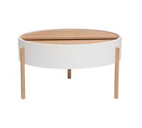Table basse ronde blanche et bois clair frêne avec plateau pivotant et rangement D80 cm YOLINE