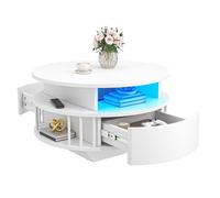 Table Basse Ronde Cannelee LED YITAHOME - 2 Tiroirs, Double Etage, 70x70x39 cm, Blanc
