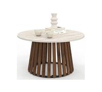 Table basse ronde CARMEN 70 cm pied bois en lattes effet noyer et plateau travertin