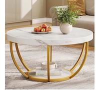 Table Basse Ronde de Cocktail Moderne - Tribesigns - Table d'appoint de Canapé Circulaire avec Pieds en Métal - Or et Blanc