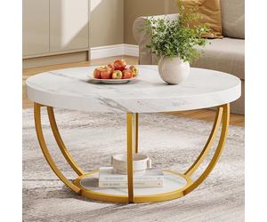 Table Basse Ronde de Cocktail Moderne - Tribesigns - Table d'appoint de Canapé Circulaire avec Pieds en Métal - Or et Blanc