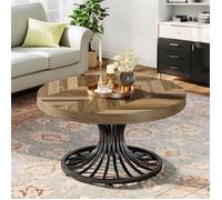 Table basse ronde double en bois - 80 x 45 cm - Piètement courbé en métal - Marron/Noir
