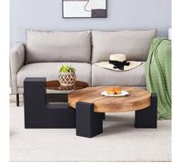 Table basse ronde double niveau - ELVMI - Modulaire verre teinté marron MDF noir lot de 2 pour salon