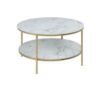 Table basse ronde effet marbre en verre et métal 2 niveaux - L.80 cm x H. 45 cm - Doré et blanc