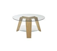 Table basse ronde en verre clair et chene massif - L.75 x H.40 x P.75 cm --