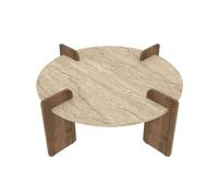 CALICOSY - Table basse ronde décor travertin et noyer D90 cm - AUREL - Beige