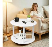 Table basse ronde-MENGDA-Table d'appoint à 2 etagères-Avec roulettes-Pour salon ou chambre- 60*60*53cm-Blanc