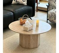 Table basse ronde moderne, plateau imitation travertin pour salon | Effet travertin, style crème, surface robuste, sans assemblage, design rond gain de place salon & villa(A,80cm/31.5in)