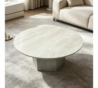 Table basse ronde moderne, plateau imitation travertin pour salon | Effet travertin, style crème, surface robuste, sans assemblage, design rond gain de place salon & villa(B,100cm/39.4in)