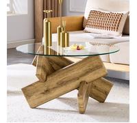 Table Basse Ronde Moderne, Table d'appoint en Verre Trempé, Cadre en Bois Croisé Créatif, Pour Salon, Bureau, Transparent + Bois