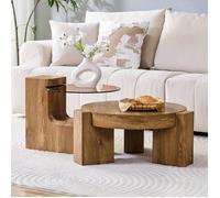 Table Basse Ronde modulable Wood - Set 2 en 1 avec Plateau en Verre de sécurité - Montage Simple - pour Salon - 81 X 61 X 44 cm