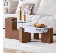 Table Basse Ronde modulable Wood - Set 2 en 1 avec Plateau en Verre de sécurité - pour Salon - 81x61x44cm - Noyer/Marbre Blanc