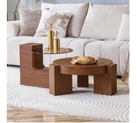 Table Basse Ronde modulable Wood - Set 2 en 1 avec Plateau en Verre de sécurité - pour Salon - 81x61x44cm - Noyer