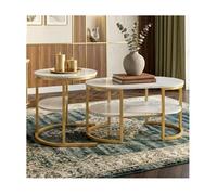 Table Basse Ronde & Ovale Gigogne | Plateau Effet Marbre | Structure Métal Or | Rangement 2 Niveaux | Design Luxe