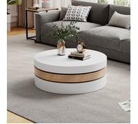 Table basse ronde pivotante 360° avec rangement, plateau rotatif, 3 niveaux d'étagères, meuble salon en bois effet rotin