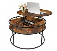 Table Basse Ronde Relevable 60cm Style Industriel avec Compartiment de Rangement Caché VIVOLILV, Structure Métallique Noir