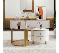 Table basse ronde - SOGEU - Set 2 pièces 70/50 - Plateau verre trempé marron - Plateau laqué blanc - Rangement 2 tiroirs