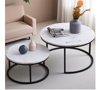 Table Basse Ronde - TANANT - Lot de 2 - Métal Noir - Design Scandinave - Panneau Marbre