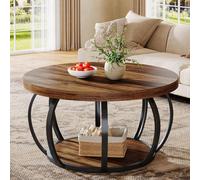 Table basse ronde Tribesigns de 80 cm, table basse industrielle à deux niveaux avec étagères de rangement, table d'appoint moderne en bois pour canapé