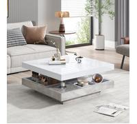 Table basse rotative 360° à double plateau blanc brillant - Effet marbre, avec compartiment de rangement, design fonctionnel