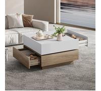 Table basse rotative à 360°, plateau rotatif à 2 niveaux et 2 tiroirs, table d'appoint de salon avec cadre en