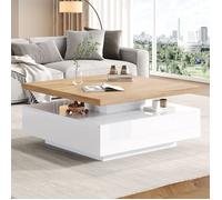 Table Basse Rotative Multifonction avec Plateau Pivotant 360°, Tiroirs Intégrés, Panneau de Particules, Blanc et Noyer, 70x70x36 cm