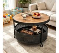 Table Basse Roulante Rangement Table Appoint Retro Wood Top & Steel Mesh | Table basse ronde 2 niveaux plateau finition noyer panier maille et roues pivotantes 360 avec frein.