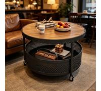 Table Basse Roulante Rangement Table Appoint Retro Wood Top & Steel Mesh | Table basse ronde 2 niveaux plateau finition noyer panier maille et roues pivotantes 360 avec frein.