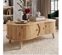 Table Basse Salon 108x50x37cm | Forme de Pois Organique | 2 Portes Coulissantes Cannelées Style Japandi | Structure MDF Look Bois