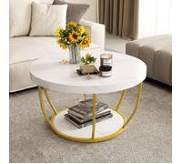 Table Basse Salon 80cm à 2 Niveaux COSTWAY, Cadre en Métal, Table Basse Bois de Cocktail, Table Ronde d'Appoint pour Chambre, Blanc