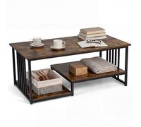 Table Basse Salon à 2 Niveaux COSTWAY, 2 Étagères de Rangement, Table d'Appoint Rectangulaire 110 x 60 x 45 cm pour Bureau, Marron