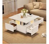 Table Basse Salon avec LED et 4 Tiroirs, Table Basse Carrée, Petite Table Basse Blanche Haute Brillance, Table D'Appoint,