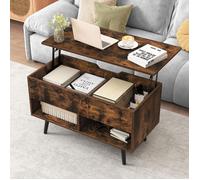 Table Basse Salon avec Plateau Relevable COSTWAY, Pieds en Bois de Pin, Table de Salon avec 2 Compartiments Rangement Caché, Marron