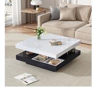 Table basse salon carré,Pivotante à 360 °Avec 2 Compartiments de Rangement,Meubles de salon,Design Blanc - Noir, 70x70x36cm